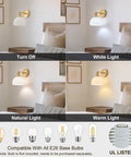 BELVM Vintage Milk Glass Wall Sconce Set of 2 - Gold Bathroom Wall Lights with off, white, natural, and warm light settings.