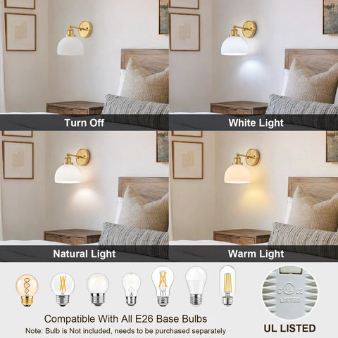 BELVM Vintage Milk Glass Wall Sconce Set of 2 - Gold Bathroom Wall Lights with off, white, natural, and warm light settings.