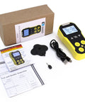 NIST Traceable 4 Gas Monitor With O2, CO, H2S And LEL, USB Recharge, Fast Under 30 Second Response, shown with accessories
