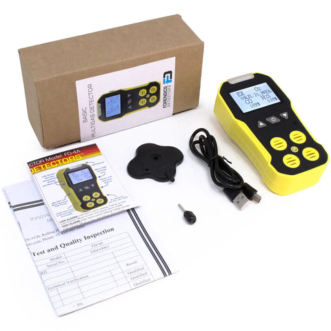 NIST Traceable 4 Gas Monitor With O2, CO, H2S And LEL, USB Recharge, Fast Under 30 Second Response, shown with accessories
