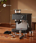 No Sweat Home Espresso Machine With Integrated Grinder And 20 Bar Pressure Pump Fast Heating Milk Frother For Creamy Foam Spacious Removable Water Tank For Bold Morning Sips And Perfect Cappuccino Pulls Black displayed on wooden countertop with tools.