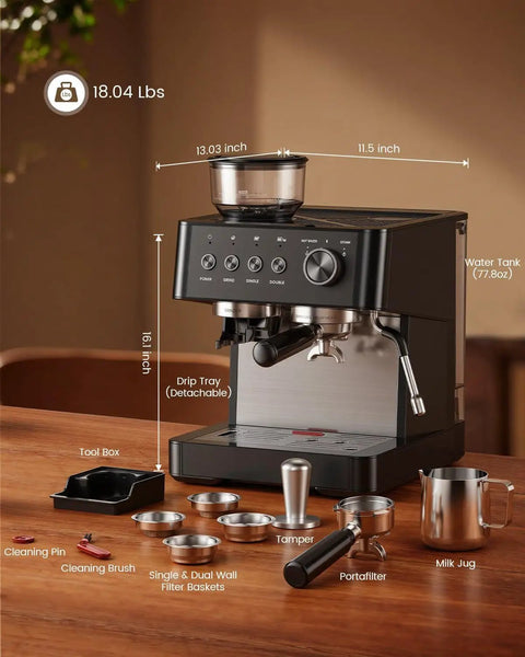 No Sweat Home Espresso Machine With Integrated Grinder And 20 Bar Pressure Pump Fast Heating Milk Frother For Creamy Foam Spacious Removable Water Tank For Bold Morning Sips And Perfect Cappuccino Pulls Black displayed on wooden countertop with tools.