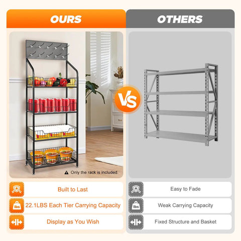 Four Tier Metal Wire Display Rack And Snack Candy Organizer With Ten Hooks Smooth Rolling Wheels And Rock Solid Design For Top Shelf Retail Setup And Hassle Free Sorting In Black