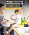 Mother and child in kitchen using voice control for Smart Under Cabinet Lighting Kit With Dimmable LED Strip Lights 24V Plug In Linkable Bar Lights For Pantry Kitchen Shelves Bookcases And Display Showcases 6 Pack Cold White No Fuss Easy Install