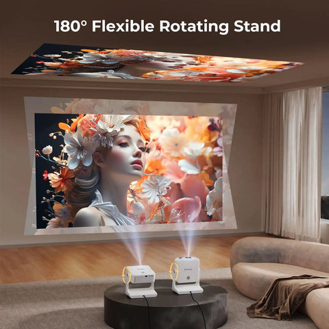 Outdoor 4K Projector With Built In Google TV And Voice Control For Backyard Cinema, 180 Degree Rotating Stand, E Focus, WiFi 6 And Bluetooth