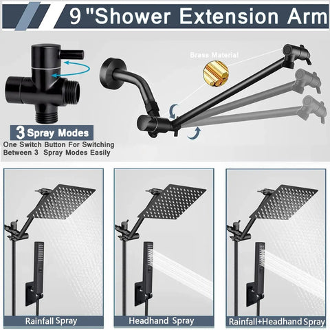 Diagram of 8 Inch Rain Shower Head With 2 In 1 Handheld Sprayer, showing 9 Inch Extension Arm, spray modes, and matte black finish.