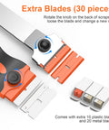 2-In-1 Razor Scraper Set With 30 Blades, Long-Handle And Mini Scrapers displaying knob mechanism and blade replacements.