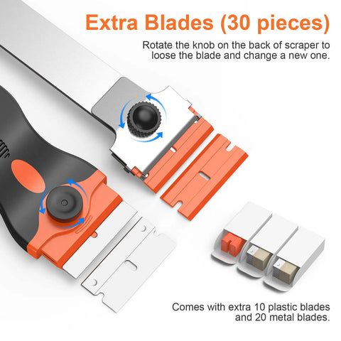 2-In-1 Razor Scraper Set With 30 Blades, Long-Handle And Mini Scrapers displaying knob mechanism and blade replacements.