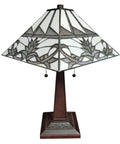 Stained Glass Table Lamp With Floral Pattern, 22 Inch Tall Banker Mission Design, vintage antique look, two pull chains, LED compatible