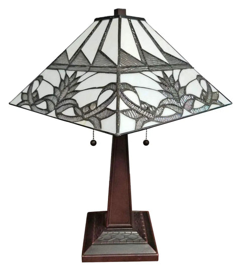Stained Glass Table Lamp With Floral Pattern, 22 Inch Tall Banker Mission Design, vintage antique look, two pull chains, LED compatible