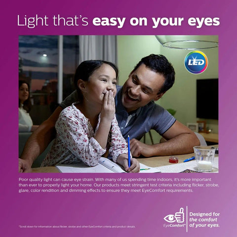 Father and daughter reading under Frosted A19 LED Light Bulbs With Warm Glow Effect, cozy home setting, purple text overlay