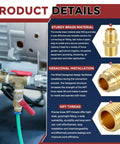 Product details showing One Half Inch NPT To Three Eighth Inch Male Flare Brass Hex Nipples Hose Connectors and installation features.