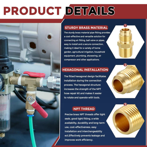 Product details showing One Half Inch NPT To Three Eighth Inch Male Flare Brass Hex Nipples Hose Connectors and installation features.