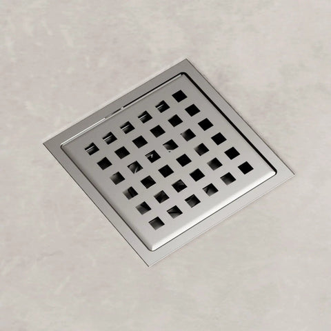 Modern Square Shower Drain With Brushed Nickel Finish No Fuss Install rust resistant grid cover viewed from above.