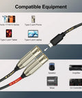 USB C to Dual XLR Male Audio Cable for Amplifiers and Mixers, 6ft, shown with compatible devices including iPhone 16/17 Series.