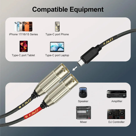 USB C to Dual XLR Male Audio Cable for Amplifiers and Mixers, 6ft, shown with compatible devices including iPhone 16/17 Series.