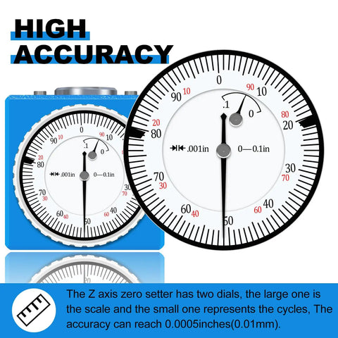 Close-up of Z Axis Zero Setting Tool 0 To 0.1 Inch By 0.001 Inch Precision CNC Instrument Setter with dual dial gauges