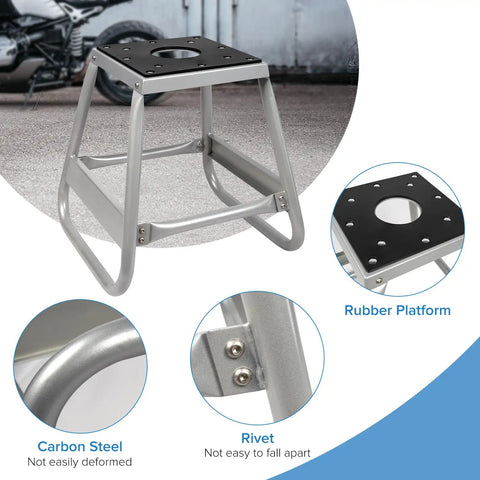 Motorcycle Lift Stand For Dirt Bikes 600Lb Capacity Beefy Universal Panel Stand showing metal frame and rubber platform