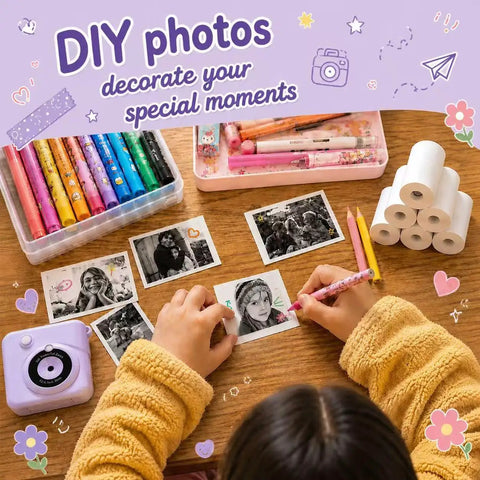 12 Rolls Kids Camera Instant Print Thermal Paper Refill 2.2In x 19.7Ft HD Photo Paper Safe BPA Free For Instant Print Cameras 80 Plus Photos Per Roll Perfect Party Vibe and Travel Memories, thermal paper rolls stacked beside printed photos