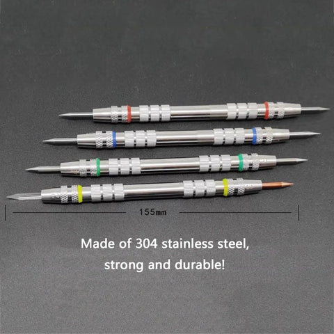 2-9 Mohs Hardness Scratch Tester Pen Kit with Stainless Steel Picks, 4 Pack, 155mm pens on dark background