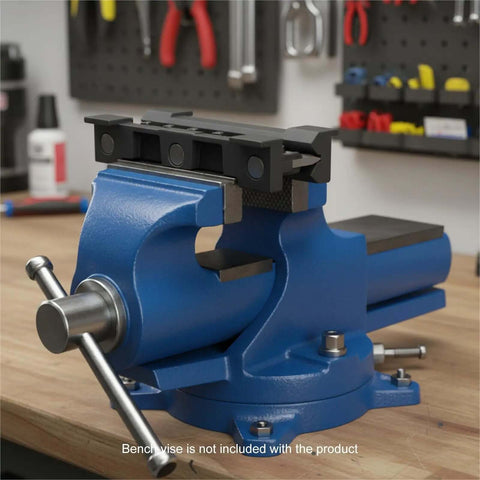 Magnetic Brake Bender Attachment for Vise, 8 Inch Metal Bender Tool installed on blue vise in workshop setting.