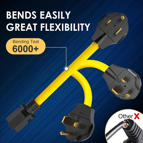 Nema 6-50 To 6-20 Plug Adapter Featuring 10 Awg Stw Wire For Ev Charger And Welder Power Hookup Heavy Duty Shop Ready showing flexibility and bending features.