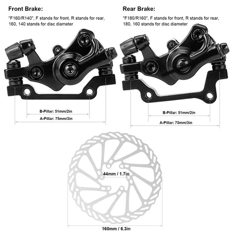 Heavy Duty Mechanical Disc Brake Kit For Mountain And Folding Bikes featuring black aluminum calipers and 160mm disc rotors.