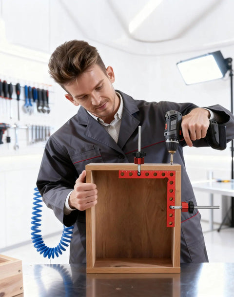 Man using corner clamps for woodworking 4 pack 90 degree right angle squares 5.5 by 5.5 inches on a wooden box