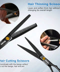 Pro Hair Cutting Scissors Set For Barbers And Salons, 10 Piece Kit with thinning and cutting scissors close-up, Japanese steel