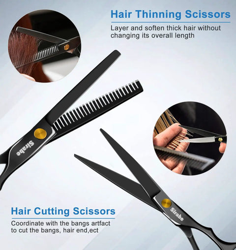 Pro Hair Cutting Scissors Set For Barbers And Salons, 10 Piece Kit with thinning and cutting scissors close-up, Japanese steel