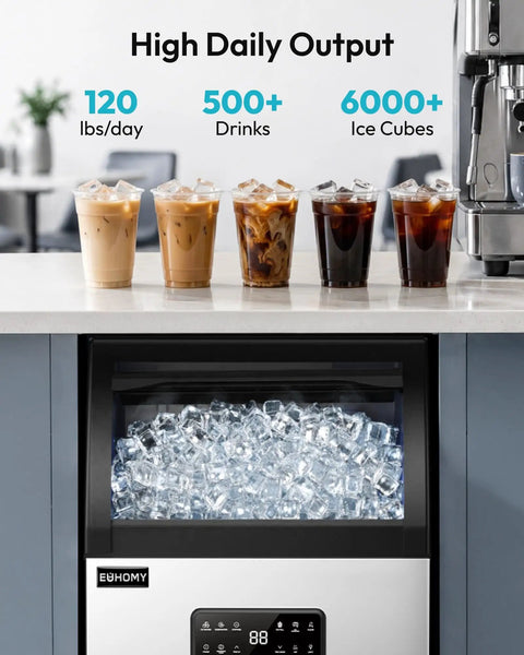 Straight Up Solid Commercial Ice Maker Makes 120 Lbs Daily Under Counter Design With A 33 Lb Storage Bin And Easy Water Filter Setup For House Parties That Gonna Run Super Chill, showing ice cubes and cold drinks on countertop.