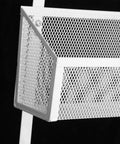 Close-up of a white metal mesh basket from the Super Heavy Duty Over The Door Storage Rack With Two Roomy Mesh Baskets And Eight Sturdy Metal Hooks.
