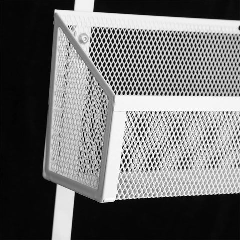 Close-up of a white metal mesh basket from the Super Heavy Duty Over The Door Storage Rack With Two Roomy Mesh Baskets And Eight Sturdy Metal Hooks.