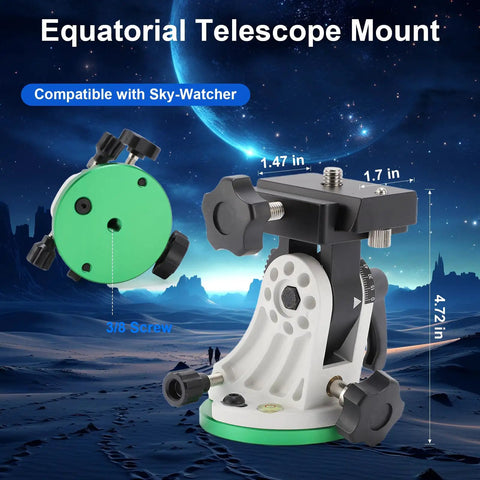 Versatile Latitude Adjustment Telescope Base In Aluminum Alloy shown with equatorial mount, 90-degree tilt, 3/8-inch thread.