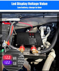 Dual Battery Isolator Kit For 12V/24V Systems With VSR Voltage Sensitive Relay installed in engine bay showing LCD voltage display