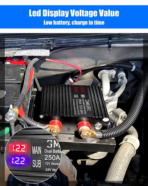 Dual Battery Isolator Kit For 12V/24V Systems With VSR Voltage Sensitive Relay installed in engine bay showing LCD voltage display