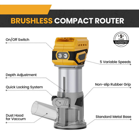 Cordless Brushless Palm Router Bare Tool With Dope 5 Speed Variable 10000 To 28000 RPM 600W Fixed Base display with features