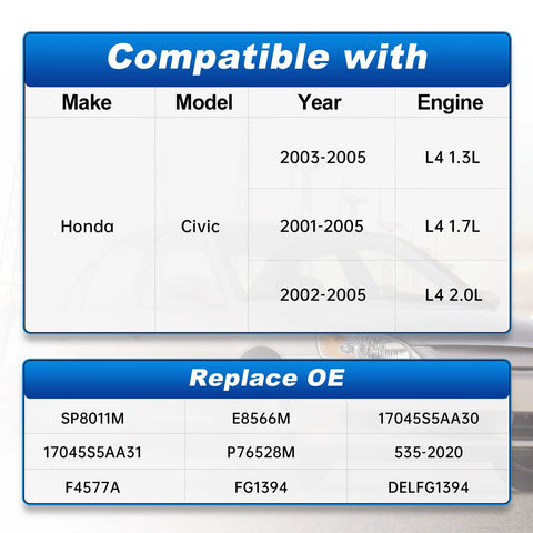 Compatibility and replacement chart for Fuel Pump Module Assembly With Sending Unit For Honda Civic 2001 Through 2005 1.3L 1.7L 2.0L