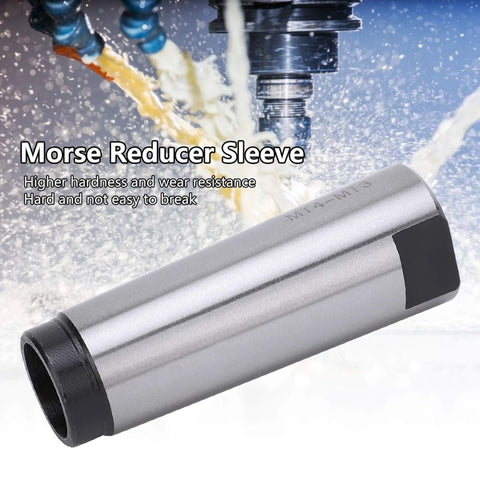MT4–MT3 Morse taper reducer sleeve, silver steel cylinder with black ends for CNC lathe/mill.