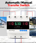 63A 2P Dual Power Automatic Transfer Switch For Generator And Backup Power With LED Display 110V 50 Hz And 60 Hz Adjustable Auto Manual Switching For Reliable Power Transfer. front view with public power and generator inputs