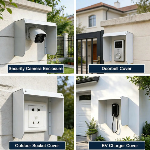 Heavy Duty Built Like A Tank EV Charger Weatherproof Cover featuring tight magnetic flip lid and tinted canopy on garage wall.