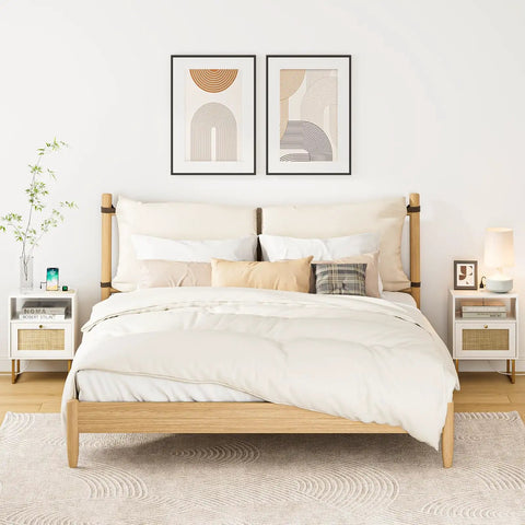Bedroom with Rattan Boho Nightstand With Charging Station Dope Space Saving Farmhouse Wood Bedside Table With Storage Drawer And Open Shelf Gold Frame End Table