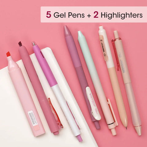 Gel Pen And Highlighter Journal Set Featuring A 7 Piece Assortment Of Pastel And Neutral Colors With 5 gel pens and 2 highlighters