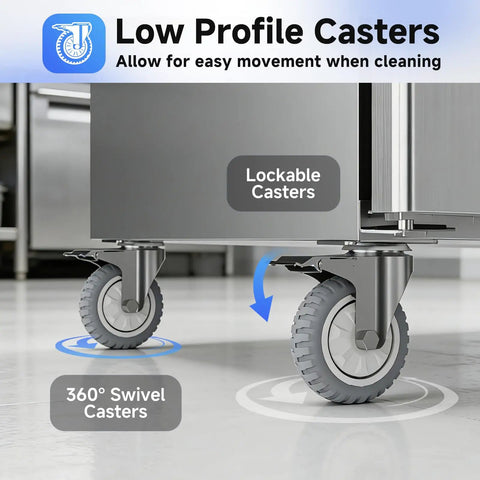 Low profile lockable casters for the Plug And Play Commercial Refrigerator Freezer Combo 72 Inch, ideal for easy movement in kitchens.