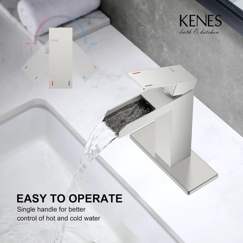 Waterfall Style Bathroom Sink Faucet With Brushed Nickel Finish, Single Handle Control, Pop Up Drain Stopper in action