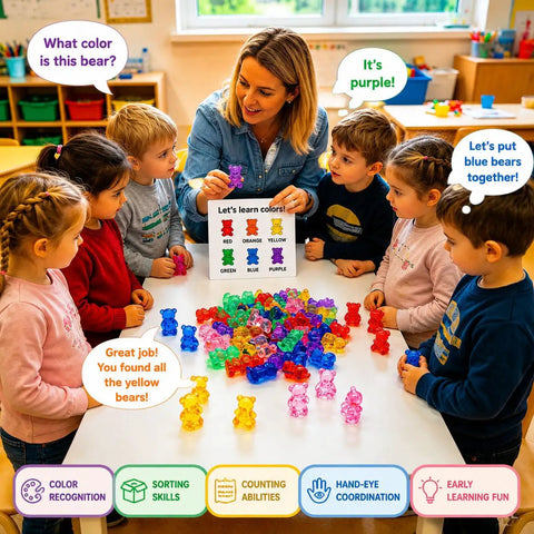 Kids using Kid Approved Counting Bears And Math Counters With Storage Bin Montessori Color Sorting Toys for learning colors.
