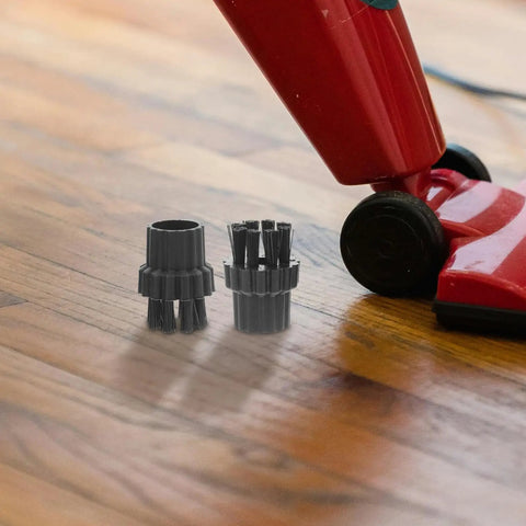 6 Piece Steam Cleaner Brush Heads Replacement, Heavy Duty Nylon And Plastic Attachments next to steam mop on wooden floor.