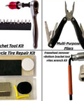 All In One Pro Grade Bike Repair Tool Kit With Hard Case including ratchet tool, pliers, tire repair kit, freewheel remover.