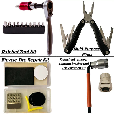 All In One Pro Grade Bike Repair Tool Kit With Hard Case including ratchet tool, pliers, tire repair kit, freewheel remover.