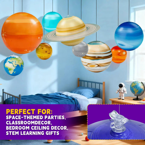 Nine Giant Inflatable Solar System Planets With Pump for Ceiling Decor displayed in a child's bedroom with space theme.
